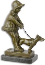Beeld - Bronzen sculptuur jong meisje - Beeld Meisje met hond - 21.3 cm hoog