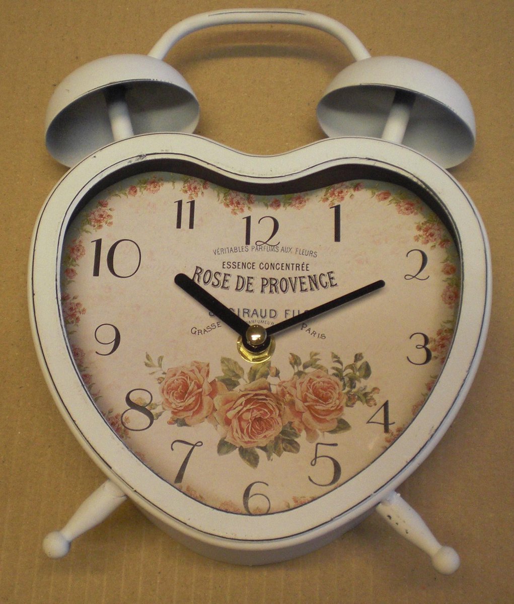 Klok - wekker - hart - rose de provence - antieke klok - wiite klok - 22 cm hoog