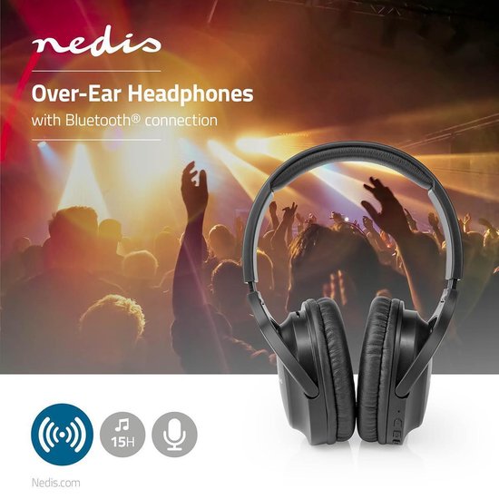 Nedis Draadloze Over-ear Koptelefoon - Maximale batterijduur: 20 uur - Ingebouwde microfoon - Drukbediening - Ondersteuning voor spraakbesturing - Volumebediening - Inclusief reiskoffer - Zwart