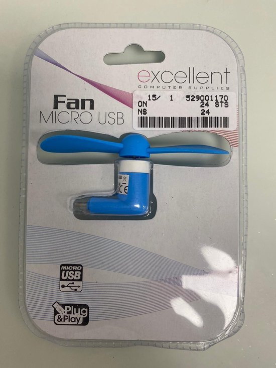 Mini ventilator: via oplader mobiele telefoon - set van 2 stuks (blauw/wit)
