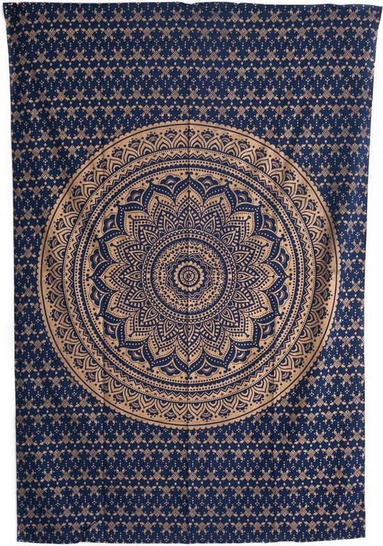 Authentiek Mandala Wandkleed Katoen Blauw/ Goudkleurig in Cirkels
