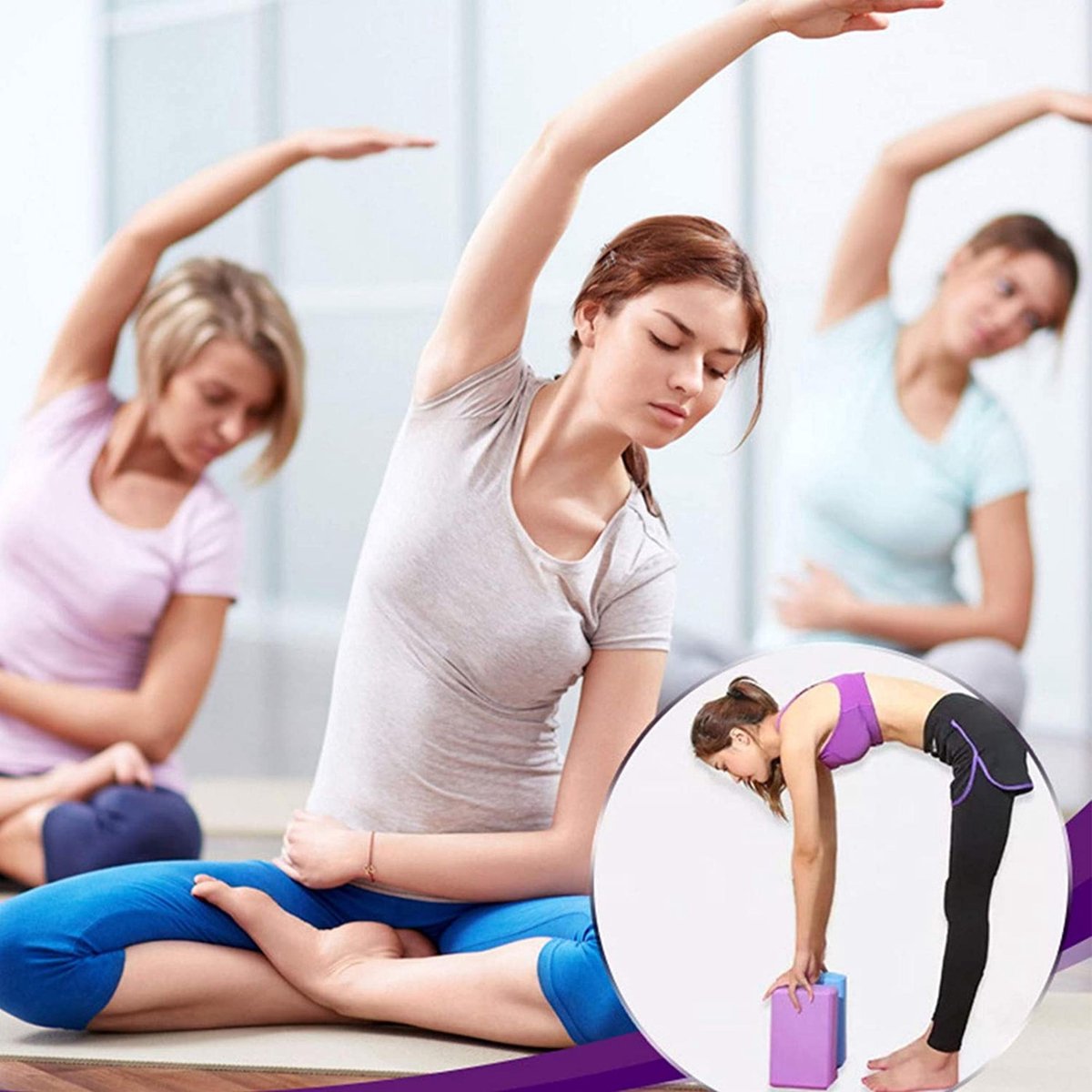 2 Bloques de Yoga, Espuma de Eva Antideslizante de Alta Densidad para Yoga, Pilates, Ejercicio, Entrenamiento, Fitness y Gimnasio(Morado