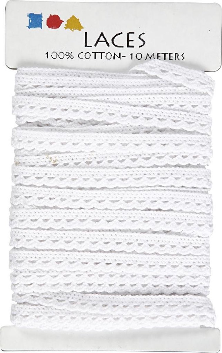 Kanten lint, B: 10 mm, wit, 10 m/ 1 rol