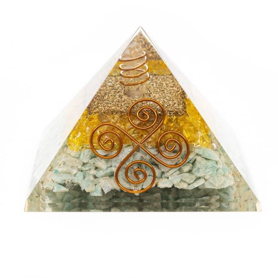 Orgonite Piramide Citrien/ Amazoniet – Vastu – (75 mm)