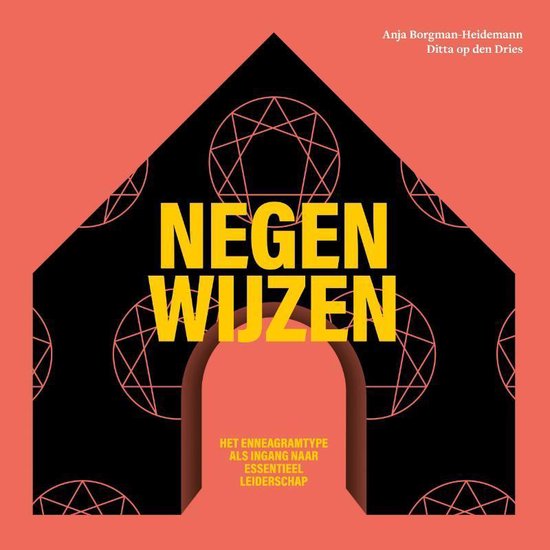 Zwart-oranje omslag met de tekst 'NEGEN WIJZEN' in gele letters. Zwarte contouren van een huis met een boog