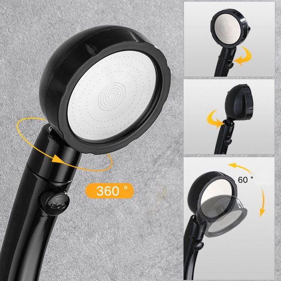 Douchekop Handdouche Zwart Glans 3 standen Stopknop met