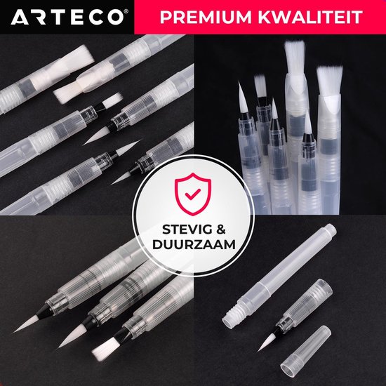 ARTECO® Set 6 Stuks Waterbrush Pennen (3 Punt + 3 Plat) - Navulbaar Penseel – Brushlettering & Kalligrafie