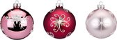 Gedecoreerde Romantische Kerstballen 8 cm Rood en Roze - set van 3