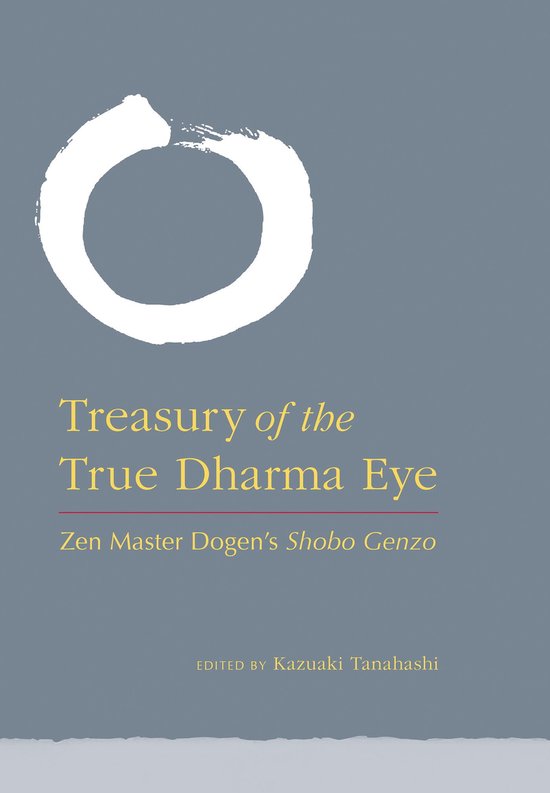 Boekomslag met de titel 'Treasury of the True Dharma Eye'. Grote witte ensō cirkel op een grijze achtergrond.