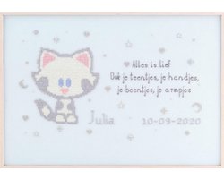 Pako Borduurpakket - geboorte - telpatroon - Woezel & Pip geboort tegel Buurtpoes - 271044 - Aida blauw - 33 x 23 cm - DIY kit