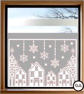 Raam sticker Kersttafereel / Kerststicker /  Christmas scene  / winterdorp kleur wit  afmeting 60 x 50 cm bxh