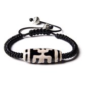 Sorprese - armband - heren - leer - zwart - gevlochten - met zwarte bedel met wit poppetje - zelf instelbaar - unisex - model H - Cadeau