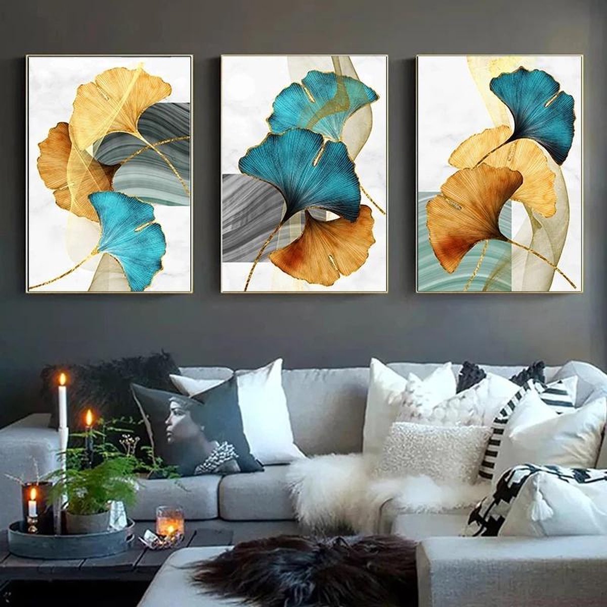 Canvas schilderij Bladeren | Groen/Goudgeel/Blauw | 30 X 42 cm |