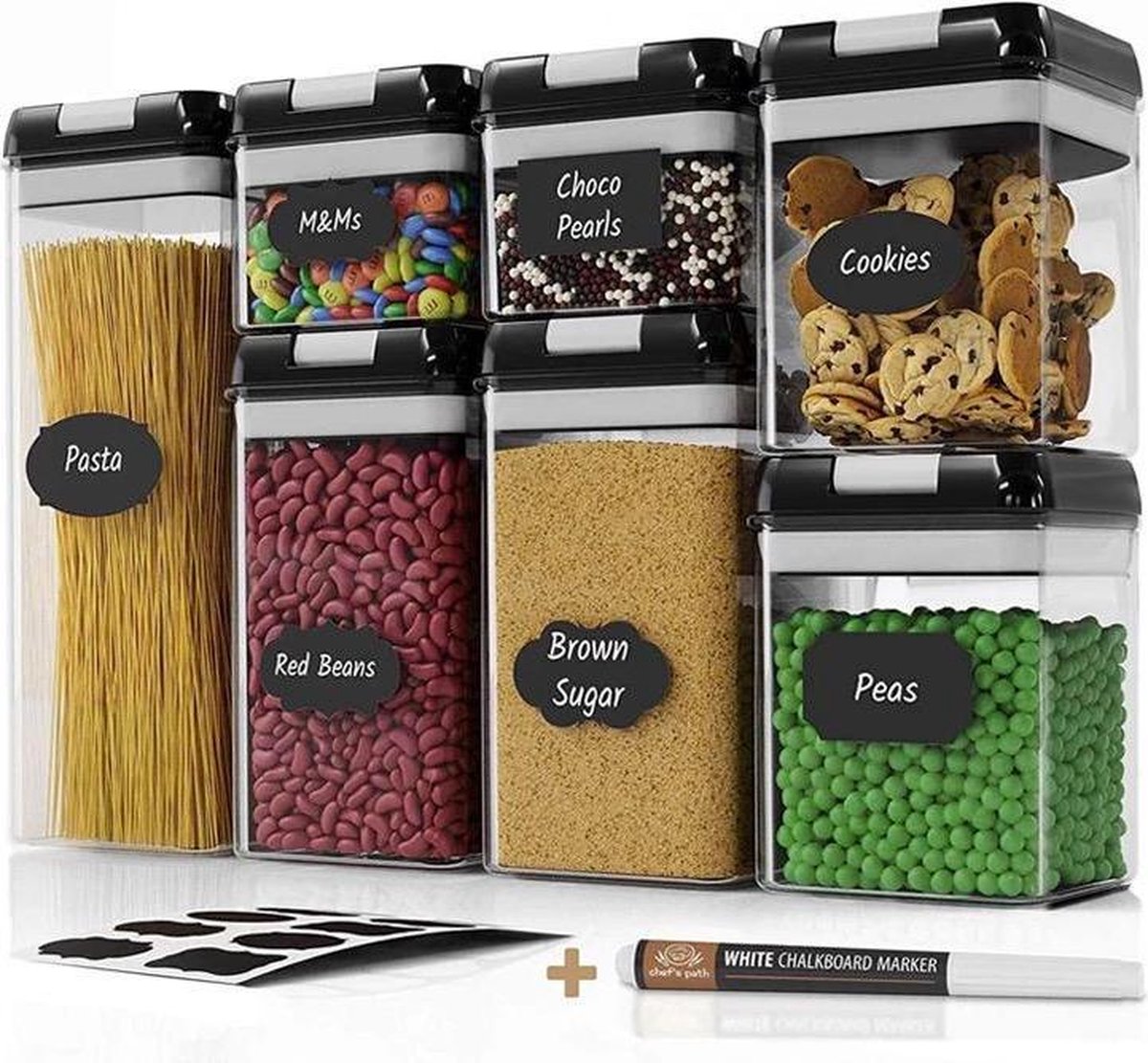 Luchtdichte voedselopslagcontainerset (ZWART) - Etiketten en stift - Keuken- en voorraaddozen - Voor meel, granen, spaghetti, pasta en meer - Doorzichtige plastic containers met deksels
