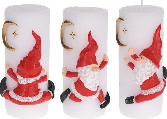 Kerstman - kaarsen - 15x6 cm - 3 stuks - ong. 8 branduren - Gnoom kaars - Kerst kaars