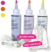 Tie Dye Kit met 3 Kleuren en Gymtas - Complete Tie Dye Starterset - Fuchsia, Lime & Oranje - 120 ml - Textielverf - Tie Dye tas - Tie Dye Paint - Batik verf