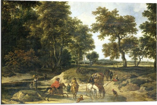 Dibond - Oude Meesters - De voorde, Jacob Isaacksz van Ruisdael, 1650 - 1682 - 90x60cm Foto op Aluminium (Met Ophangsysteem)