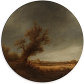 Dibond Wandcirkel - Oude Meesters - Landschap met oude eik, Adriaen van Ostade - 70x70cm Foto op Aluminium Wandcirkel (met ophangsysteem)