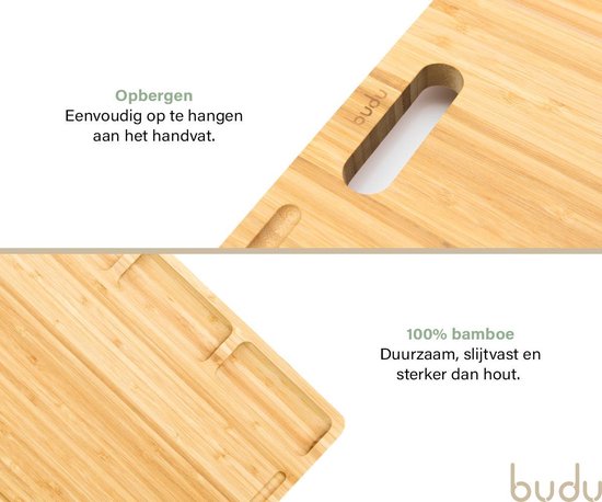 Gros plan de la poignée et des compartiments de la planche à découper en bambou Budu.