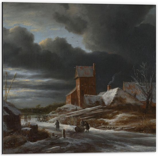 Dibond aluminium kunstwerk van een winters landschap met gebouwen en figuren in de stijl van Jacob van Ruisdael.