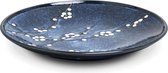 exclusief Japans servies  bord, Hana uitstekende kwaliteit porselein  voor ontbijt, plat bord, diner bord,  diameter 25,5 cm dikte 3,8 cm kleuren blauw wit zwart bloemen.