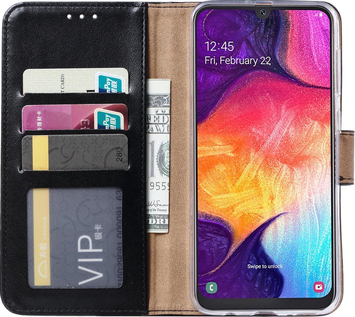 BixB Samsung Galaxy A50 hoesje - bookcase Zwart + tempered glas screenprotector