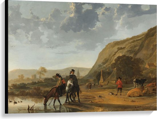 Canvas  - Oude Meesters - Rivierlandschap met ruiters, Aelbert Cuyp, 1653 - 1657 - 100x75cm Foto op Canvas Schilderij (Wanddecoratie op Canvas)