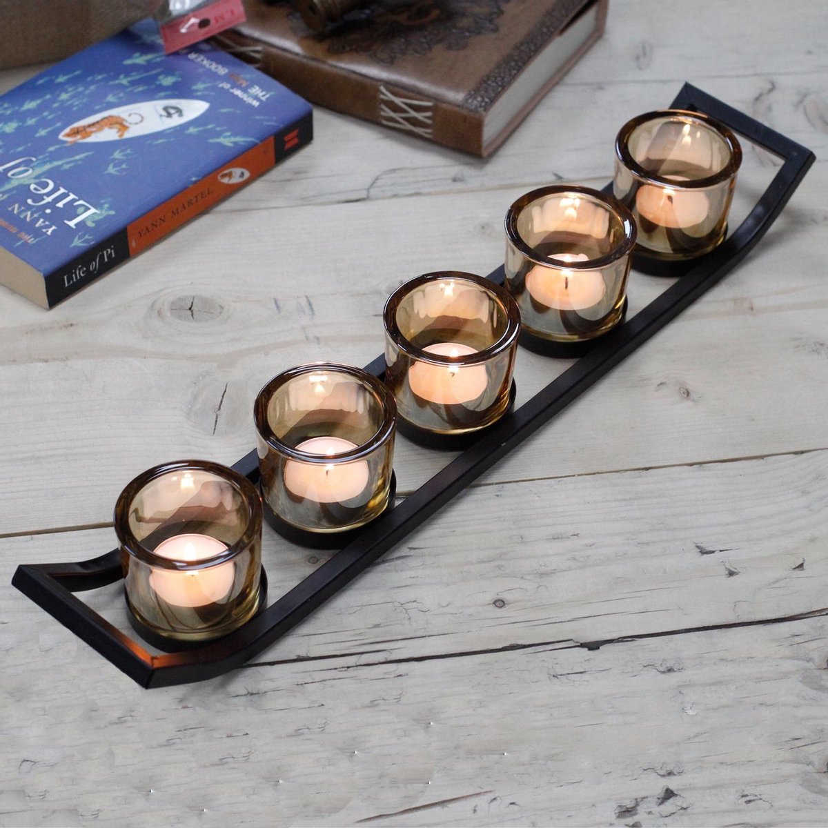 Bougeoir Votif 5 Verres Sur Plateau Bois – Centre De Table Mariage Déco