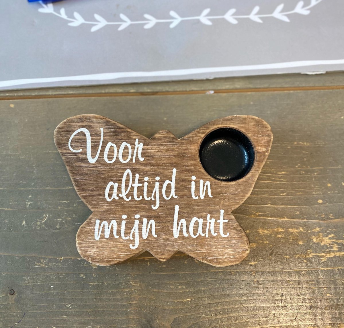 Houten tekstbordje - Vlinder - Voor altijd in mijn Hart - waxinelichtje - gedenklichtje