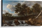 Canvas  - Oude Meesters - Landschap met waterval, Jacob Isaacksz van Ruisdael - 90x60cm Foto op Canvas Schilderij (Wanddecoratie op Canvas)