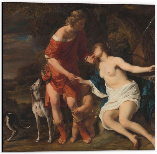 Dibond - Oude Meesters - Venus en Adonis, Ferdinand Bol, ca. 1658 - 50x50cm Foto op Aluminium (Met Ophangsysteem)