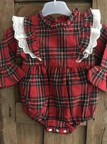 Prachtige Kerst Jurk / Feest jurkje - Bodysuit / Salopet jurk in rode Schotse ruit | Kant | Maat 86 | Bruidsmeisje – Bloemenmeisje – Doop – Feest of Bruiloft - Christmas