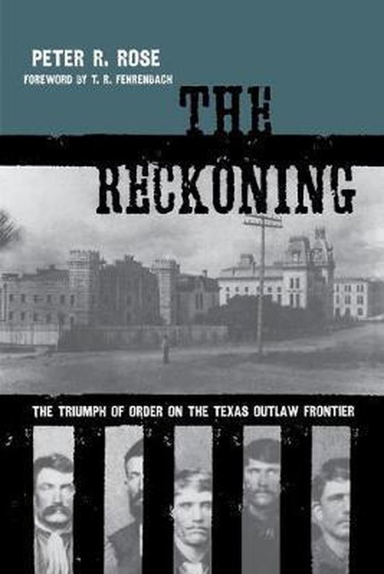 Boekomslag van The Reckoning met historisch gebouw en vijf portretten van mannen uit het Wilde Westen.
