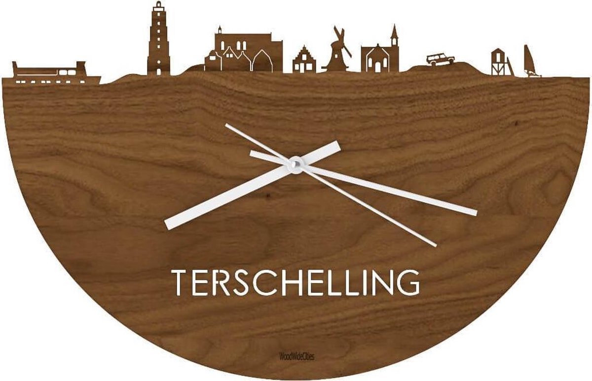 Skyline Klok Terschelling Notenhout - Ø 40 cm - Stil uurwerk - Wanddecoratie - Meer steden beschikbaar - Woonkamer idee - Woondecoratie - City Art - Steden kunst - Cadeau voor hem - Cadeau voor haar - Jubileum - Trouwerij - Housewarming -