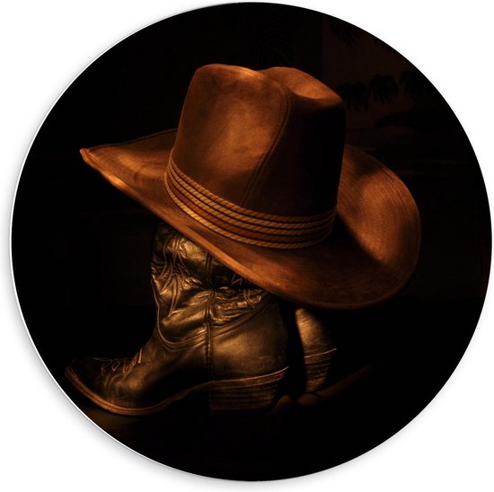 Forex Wandcirkel - Cowboyhoed en - Laarzen - Foto op Wandcirkel (met ophangsysteem)