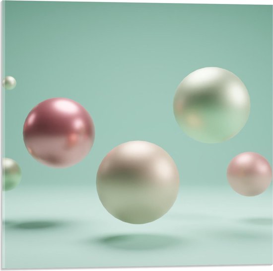 Acrylglas - Stuiterende Ballen (wit/roze) - 50x50cm Foto op Acrylglas (Met Ophangsysteem)