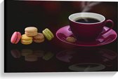 Canvas  - Macarons met Roze Koffiekop - 60x40cm Foto op Canvas Schilderij (Wanddecoratie op Canvas)