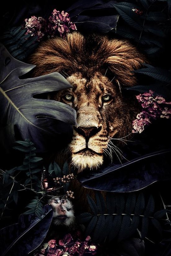 WallQ Midnight Jungle Lion | Poster op Textielframe | Wanddecoratie | Muur foto | 60x90 cm
