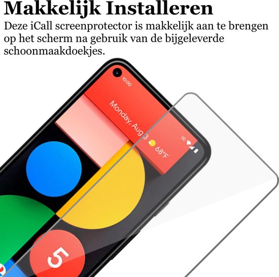 Transparante screenprotector op een telefoon met kleurrijke iconen. Tekst: "Makkelijk Installeren".