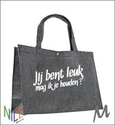 Vilten tas - shopper Jij bent leuk  grijs 45x15x34cm