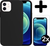Hoes voor iPhone 12 Hoesje Siliconen Case Met 2x Screenprotector Met Dichte Notch - Hoes voor iPhone 12 Case Siliconen Hoesje Cover - Hoes voor iPhone 12 Hoes Hoesje - Zwart