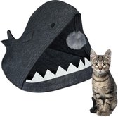 Relaxdays kattenmand haai - kattenbed vilt - poezenmand opvouwbaar - tipi - holletje - antraciet
