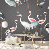 Behang Royal cranes - grey 280 x 280 cm (b x h)