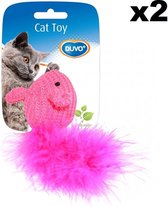 DUVO+ Cat Toy Kattenspeeltjes - Wol Met Pluim - Bevredigt Jachtinstinct Kat - Roze Blauw - 2 Muizen
