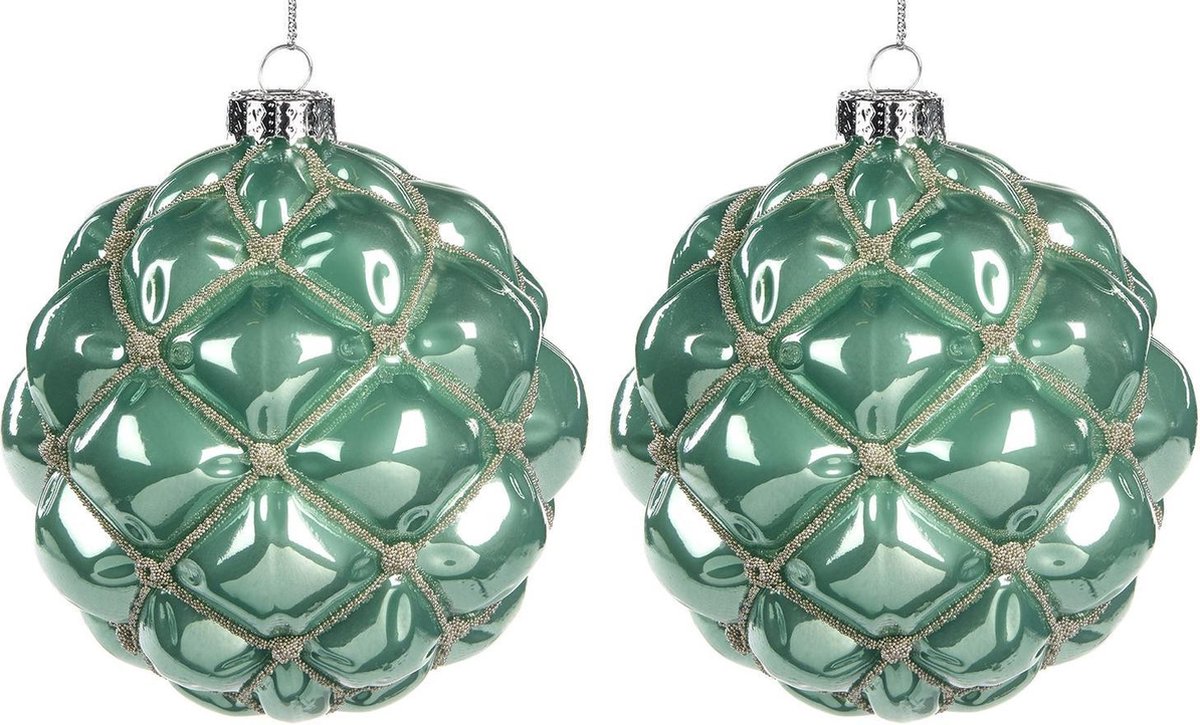 Viv! Christmas Kerstbal - Zilveren kraaltjes - set van 2 - glas - turquoise zilver - 10cm