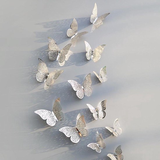 3D Butterfly Autocollants inc système de suspension - Décoration murale - Tridimensionnel - Argent - TP 1 - Set de 12 pièces