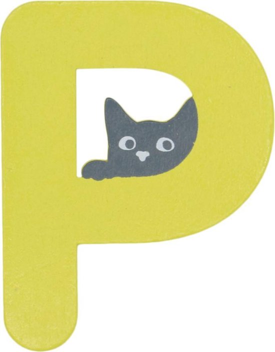 Houten Letter P Geel met Kat | 9 cm