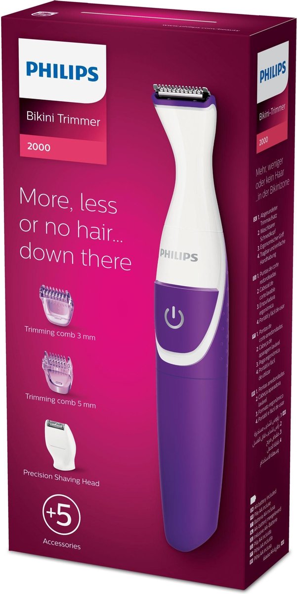 Paarse en witte Philips bikini trimmer in water met spatten.