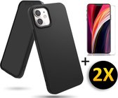 iPhone 12 Mini Hoesje Zwart - Siliconen Back Cover 2X Glazen Screenprotector