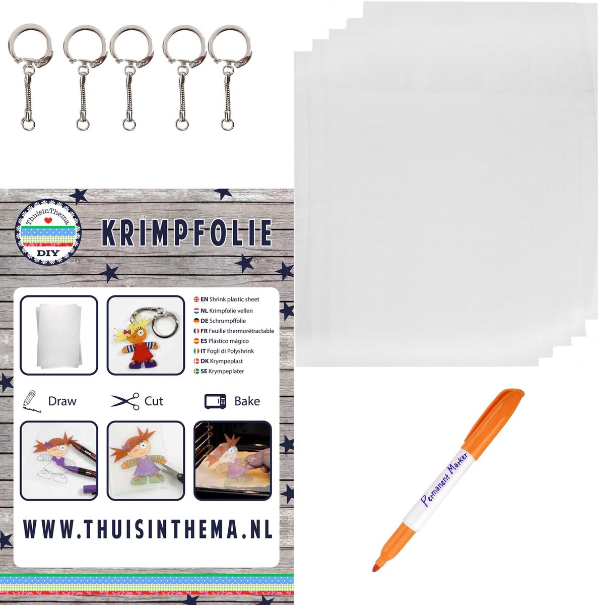 Krimpie dinkie krimpfolie 5 A5 transparant mat, 5 sleutelhangers, 1 stift - knutselen meisjes